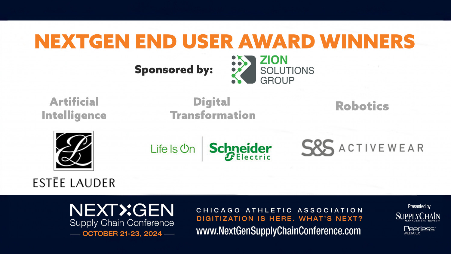 Estée Lauder, Schneider Electric and S&S Activewear will receive NextGen Supply Chain End User awards at the upcoming supply chain conference.